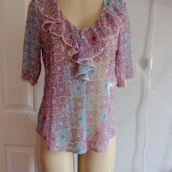 Perseption Tops - Perseption Pink and Blue Patterned Blouse